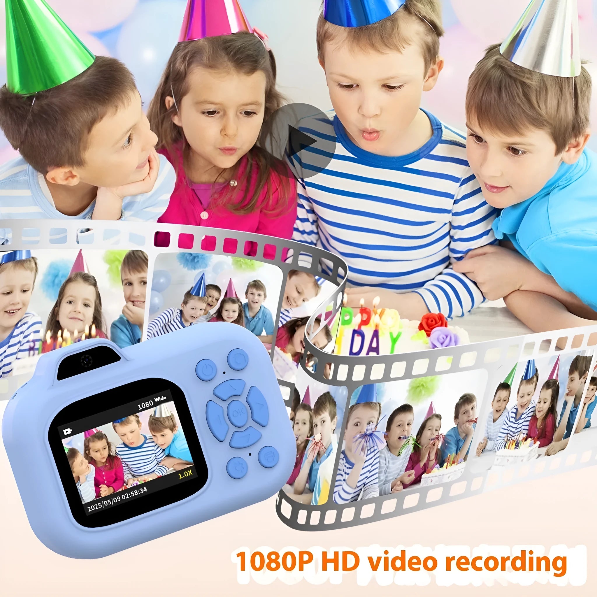 Children's plastic digital toy camera in pink, blue, or purple colour with screen, showing photo sticker function and games.