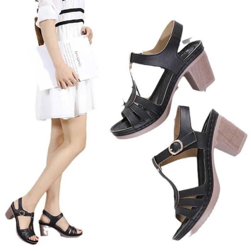 Women's patent leather high heel sandals with metal buckle and thick heel in black colour
