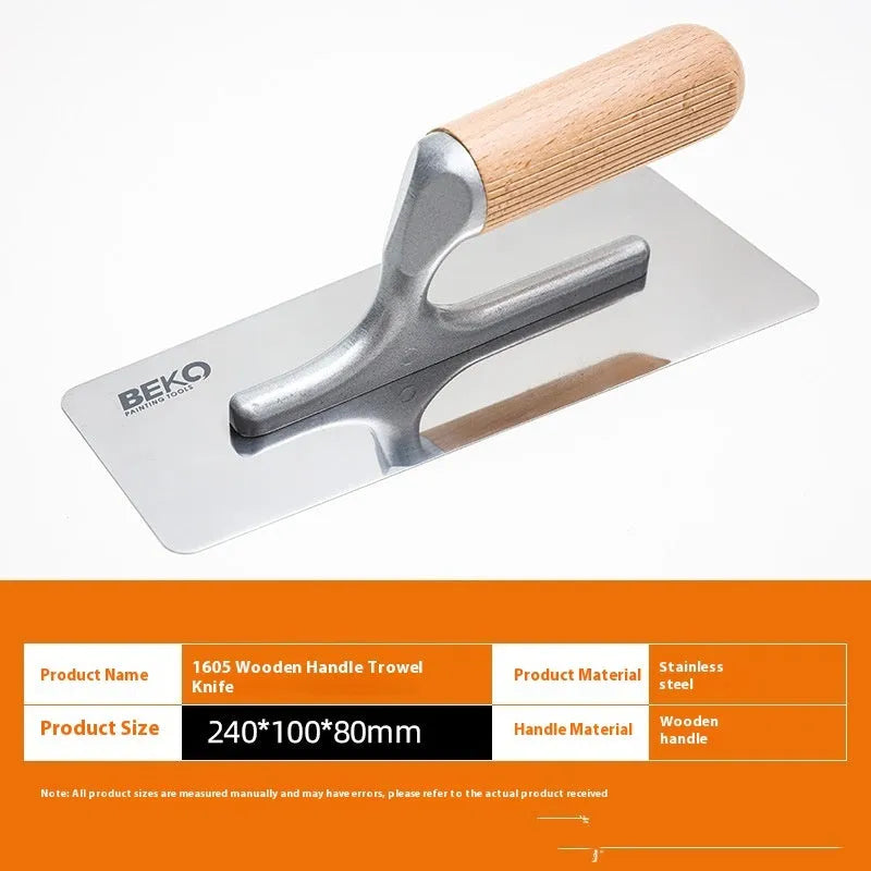 Stainless steel putty scraper with wooden handle shown in three different blade size options