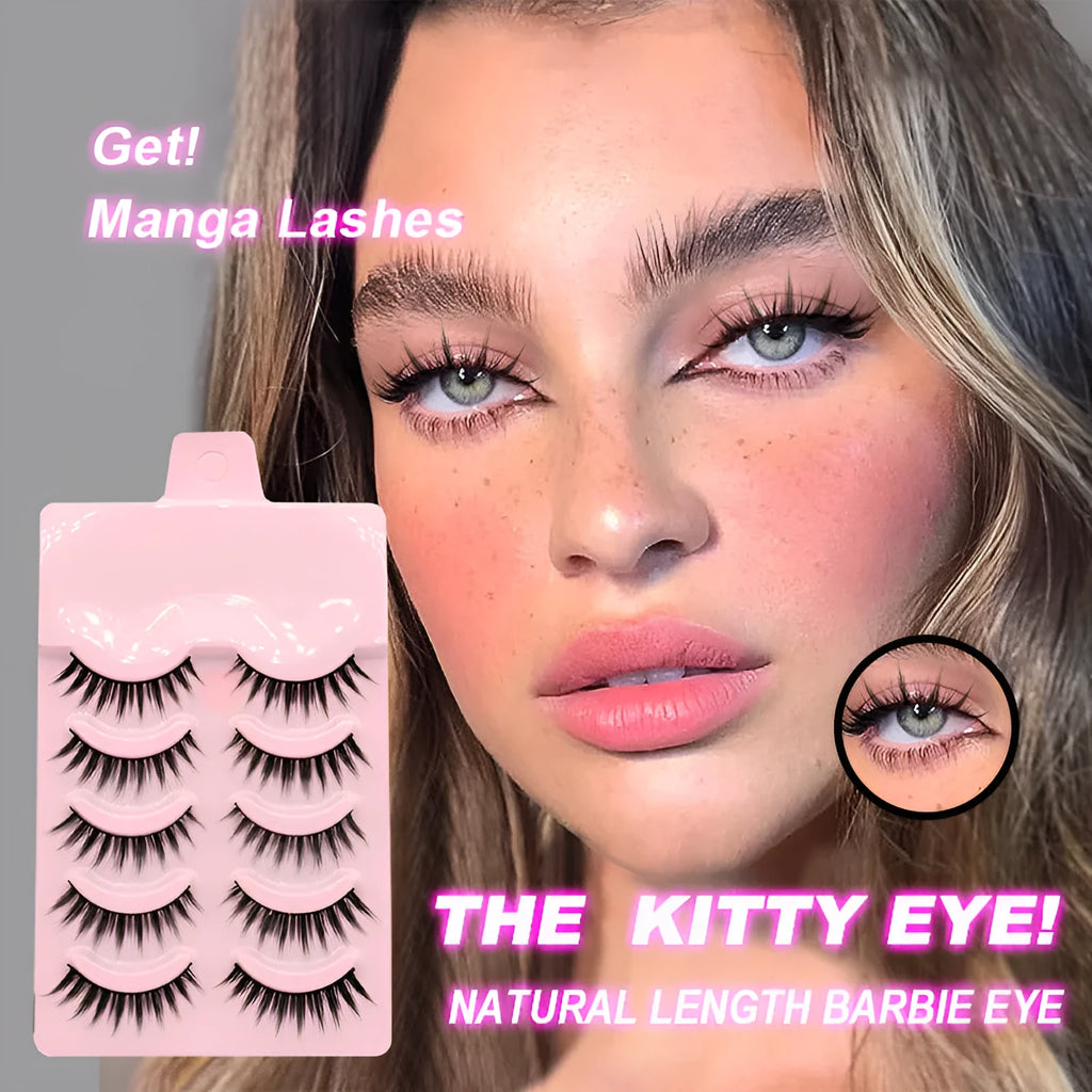 Set of 5 pairs natural wispy false eyelashes with black plastic base for Korean makeup and cosplay.