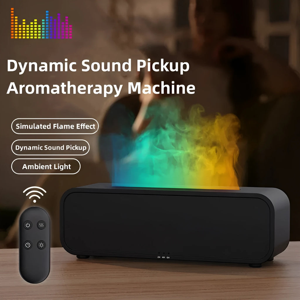 Black and white flame dynamic aroma diffuser with remote control on wooden table