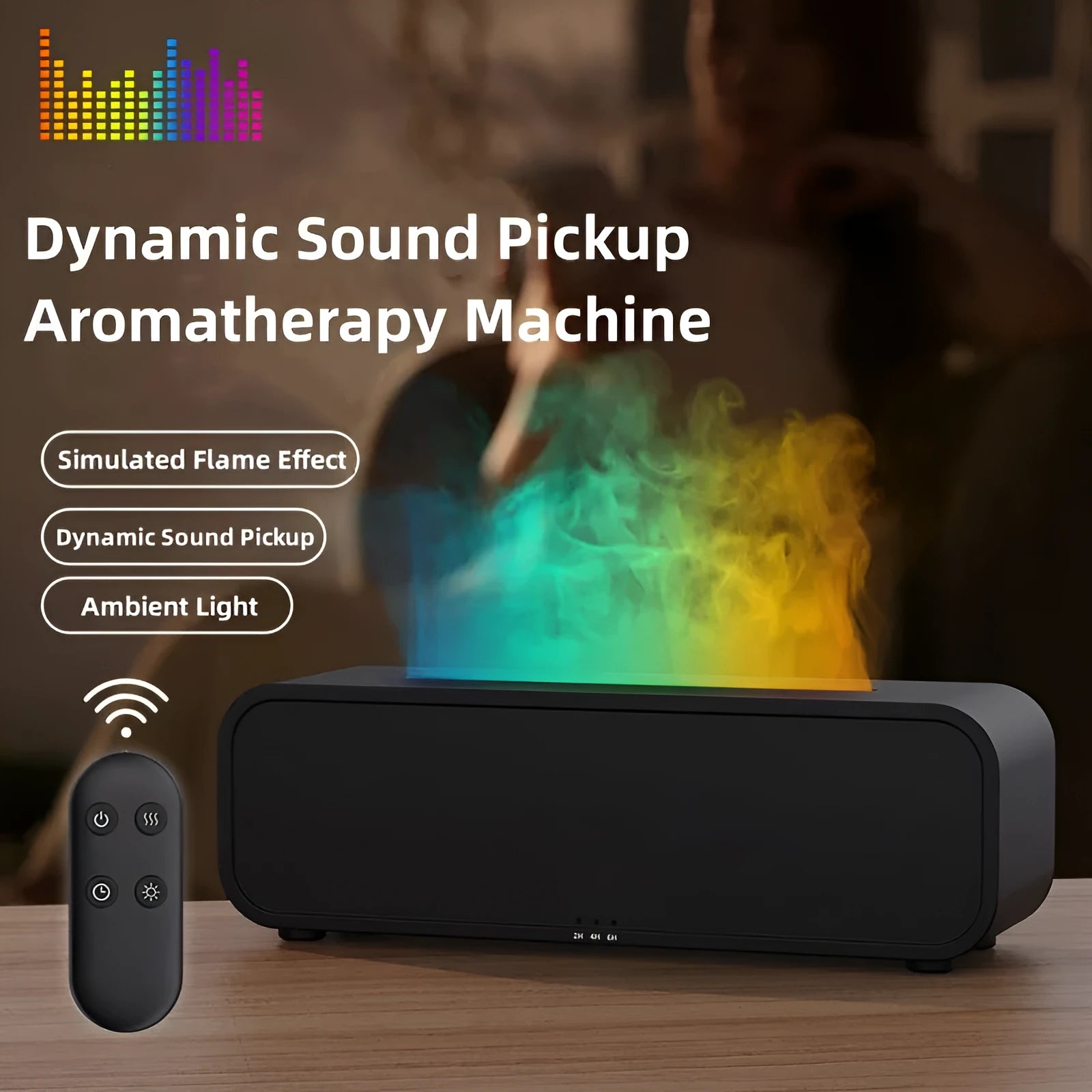 Black and white flame dynamic aroma diffuser with remote control on wooden table
