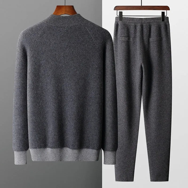 Men's camel-coloured cashmere wool blend half turtleneck zipper cardigan and matching trousers suit set