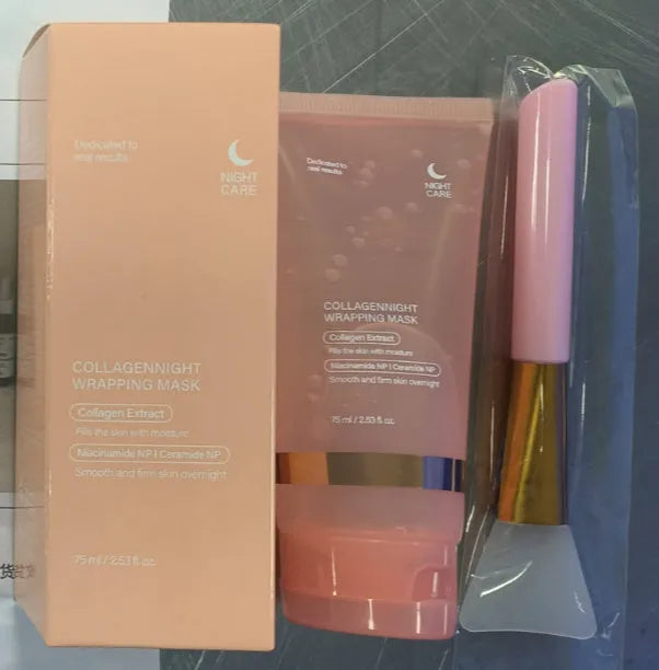 75ml bottle of collagen night face mask with application brush for skin firming and hydration.