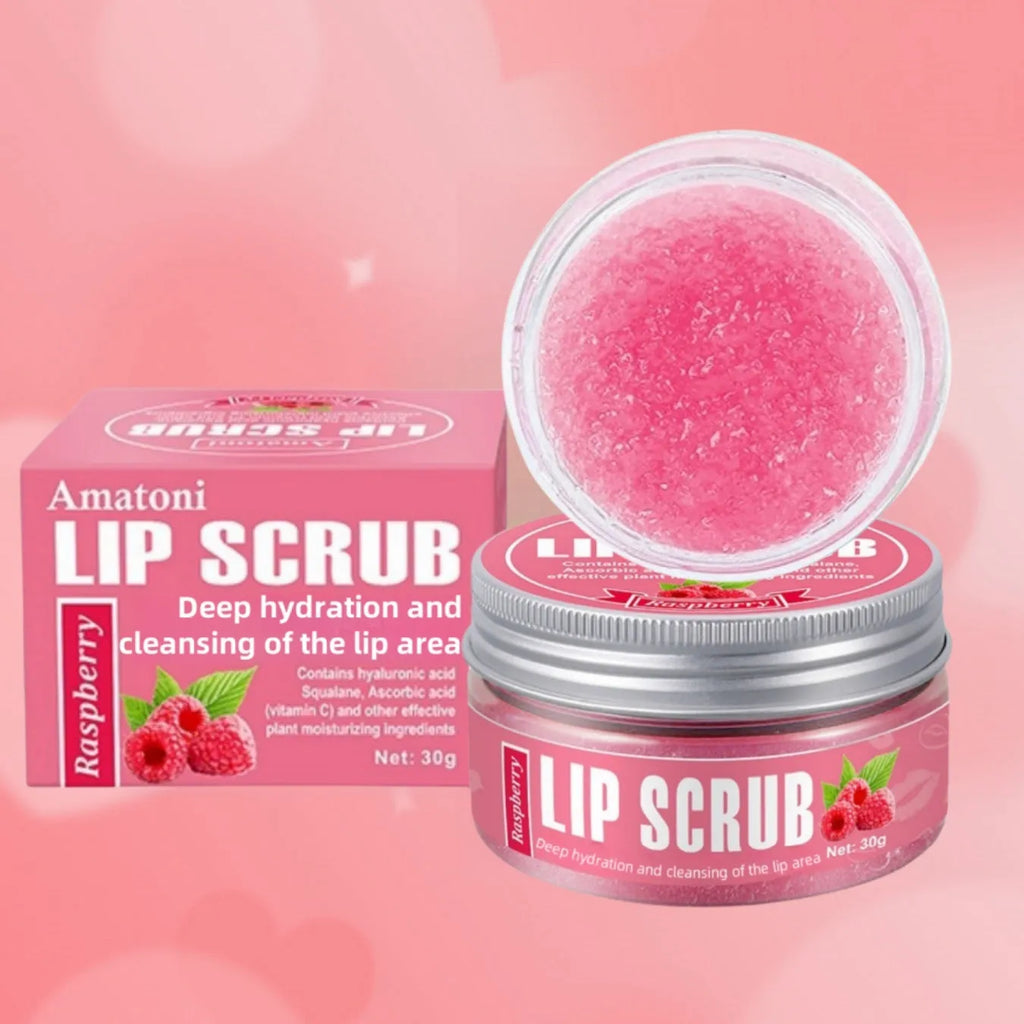 30g jar of Amatoni fruit flavour lip scrub cream in coconut, raspberry, vanilla or watermelon.