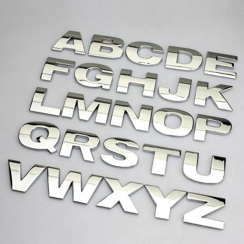 3D metal car bumper sticker showing zinc alloy English letter with black finish, approximately 2.5cm in size