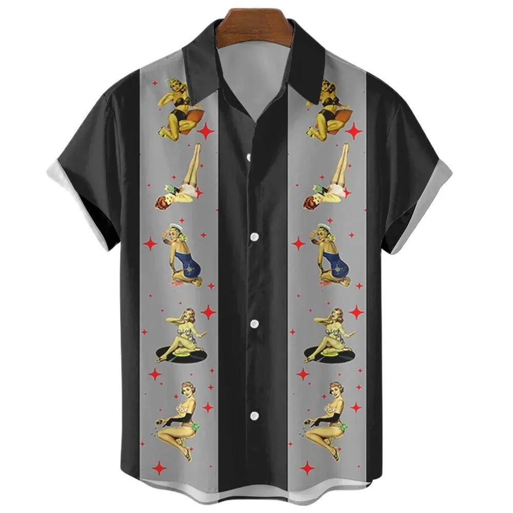 Man wearing a striped short sleeve Hawaiian-style button-up shirt in a casual setting.