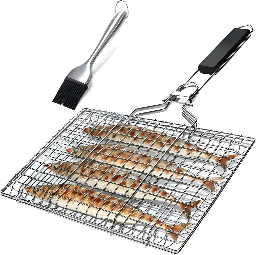 Square stainless steel folding barbecue mesh basket with cleaning brush for grill cooking