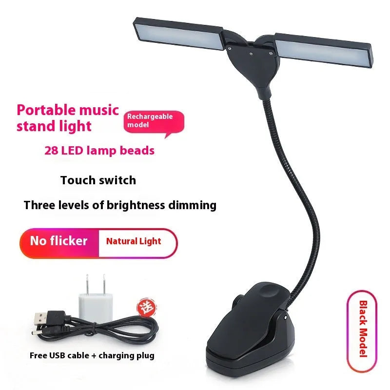 Black rechargeable music stand lamp with 28 LED lights and USB cable on a music stand.