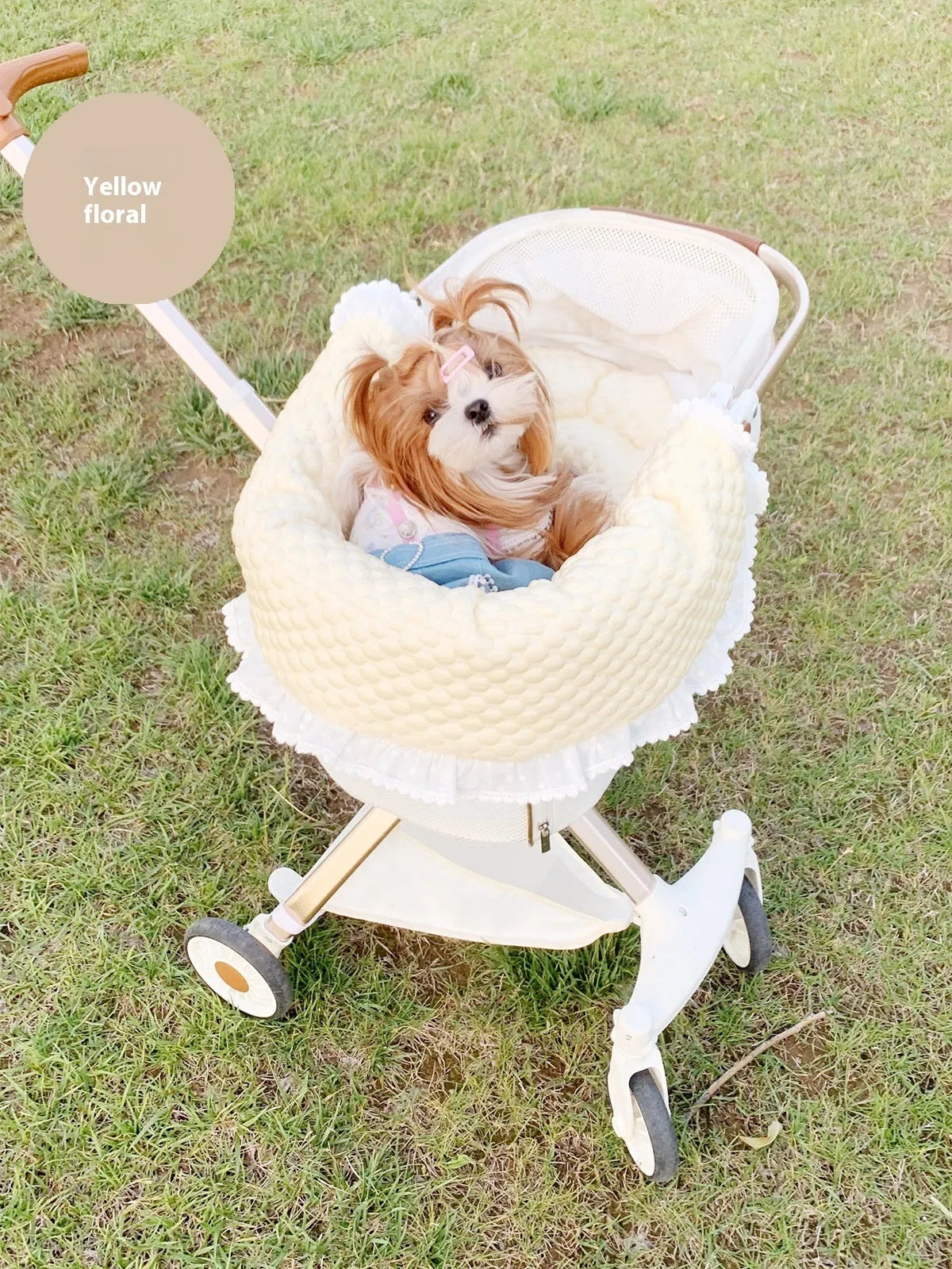 Pet stroller accessory set showing cotton anti-dirty towel, cushion, and pillow in a floral pattern.