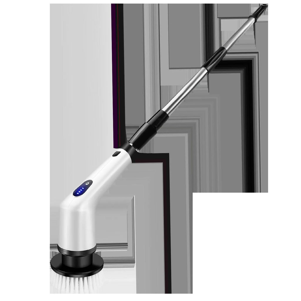 White rechargeable handheld cleaning brush with USB cable on a plain background