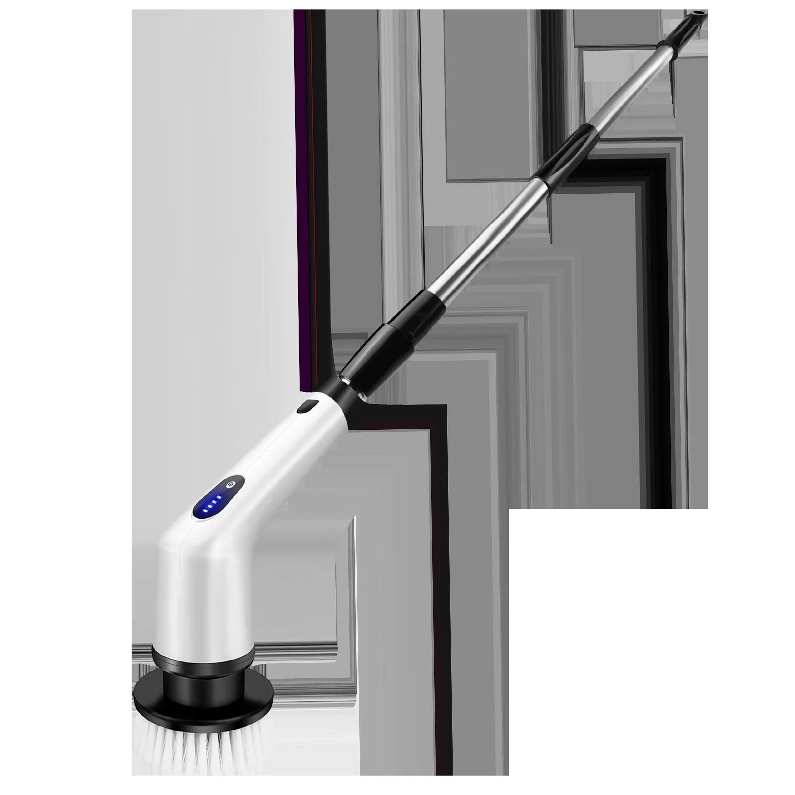 White rechargeable handheld cleaning brush with USB cable on a plain background