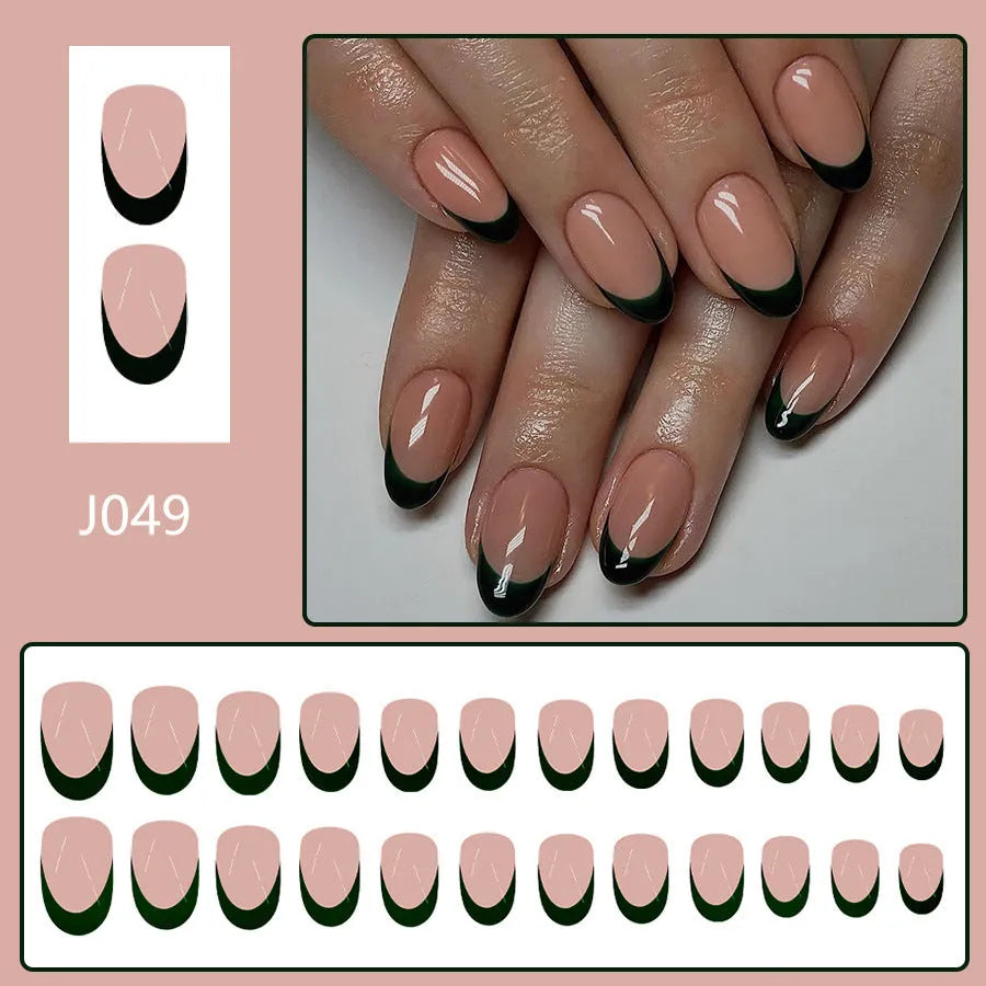 24 black French style nail art pieces with short Almond shape on white background