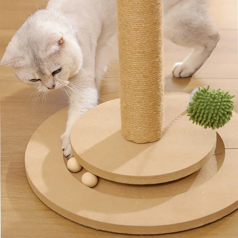 Vertical cat climbing frame with hemp rope wrapped posts on a density board base in canna colour