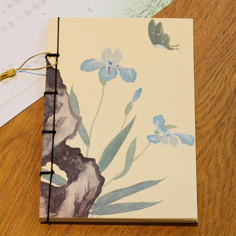 A5 antique wire-bound notebook with retro Chinese painting design on glossy embossed cover