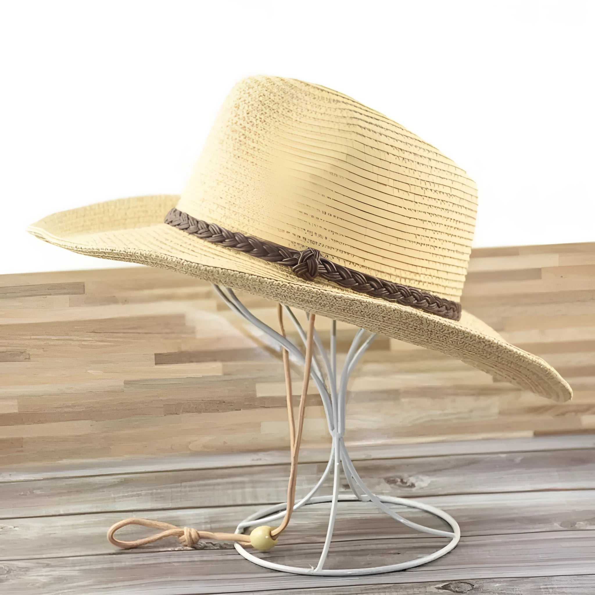 Men's foldable straw sun hat with big brim in beige colour showing folded and unfolded states