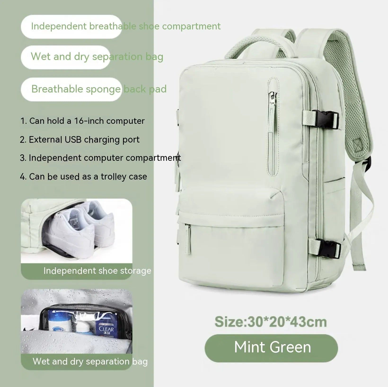 Waterproof nylon mummy backpack in multiple colour options showing large capacity travel bag