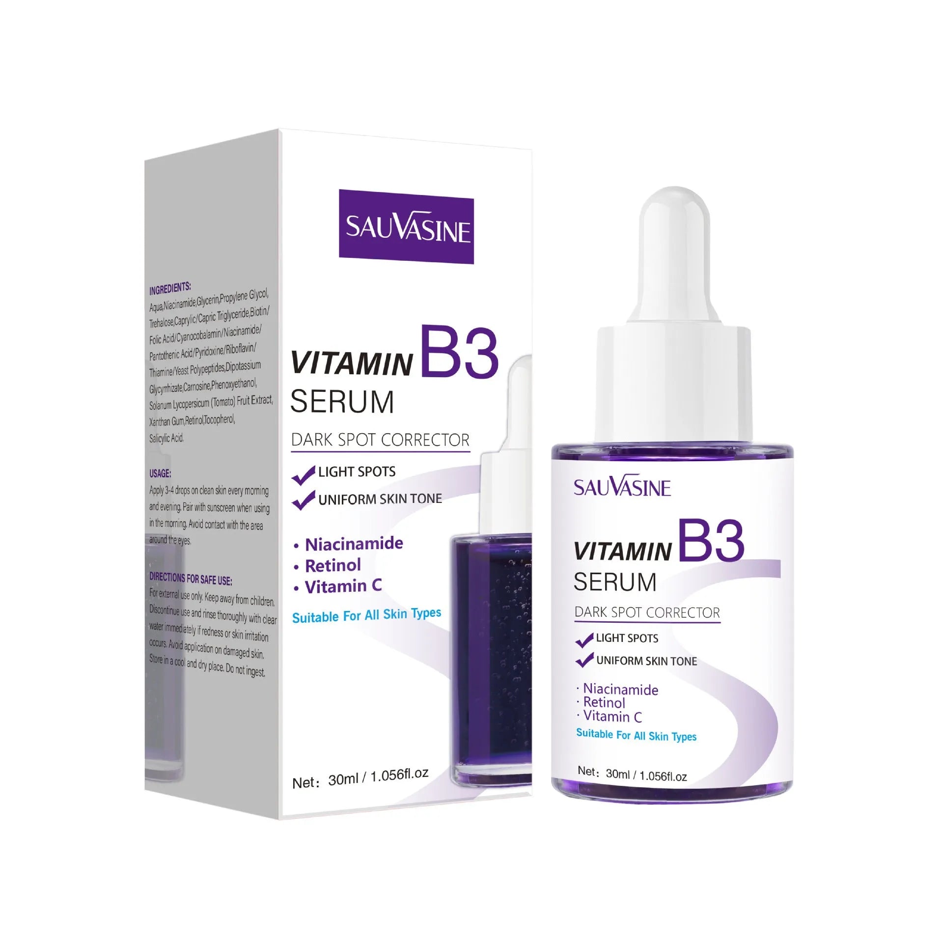 30ml Vitamin B3 facial essence serum in glass bottle for nourishing and moisturising skincare