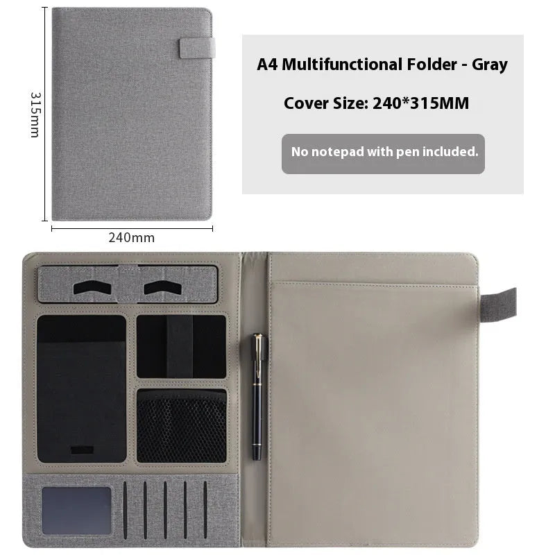 Leather A4 business folder in black with optional pen and notepad accessories