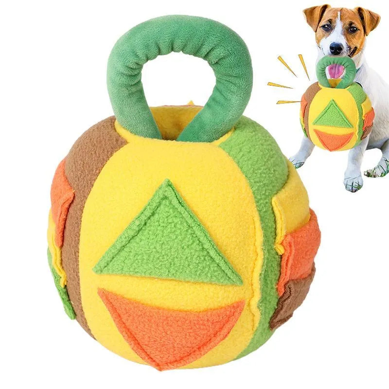 Pink and green plush dog ball toy with treat pockets and squeaker for small to medium dogs