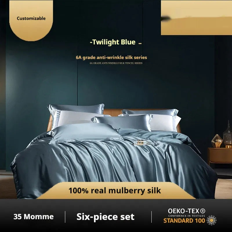 Silk four-piece quilt cover set in solid colour with fitted or flat sheet options for UK bed sizes.