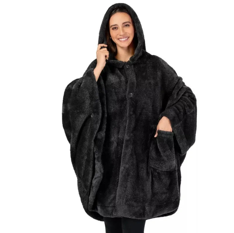 Thickened hooded cloak bathrobe in polyester fabric shown in three colour options: black, dark grey and pink
