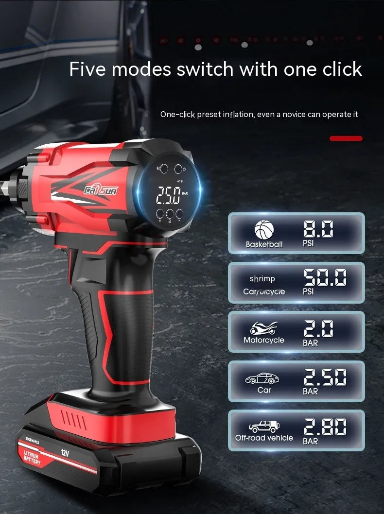 Red and black portable car tyre inflator unit with power cable and nozzles for tyres, balls and swimming rings