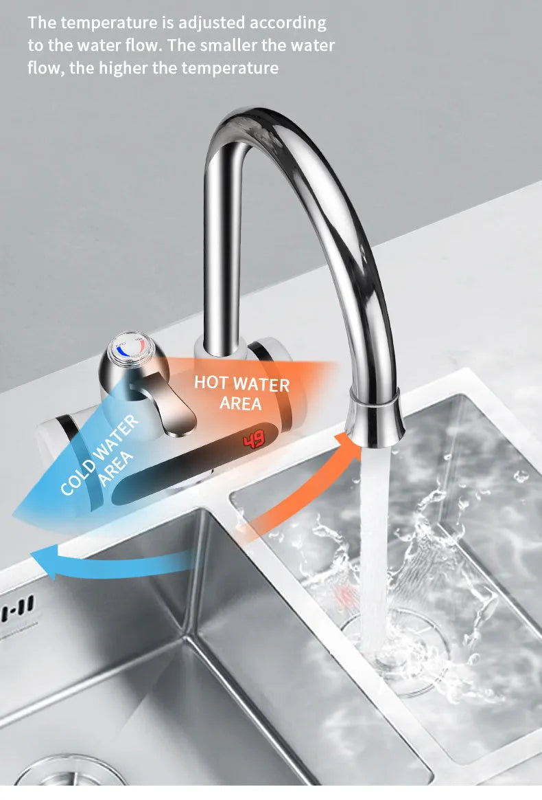 White kitchen electric water heater tap with digital temperature display and instant heating function