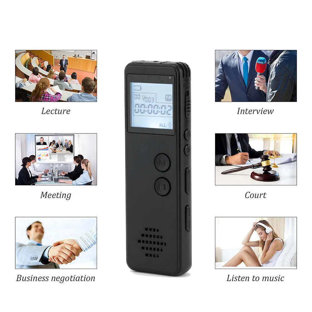 Black MP3 digital voice recorder with display screen measuring 88mm × 33mm × 12.5mm
