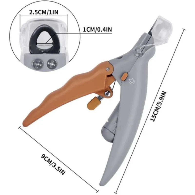 Yellow pet nail clipper with LED light and magnifiable cutting head for dog and cat grooming