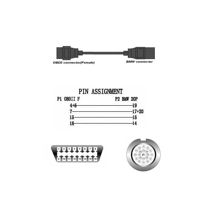 BMW OBD2 diagnostic cable adapter showing 20-pin and 16-pin connectors