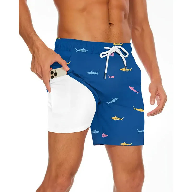 Men's loose-fit polyester beach pants in multiple colours, showing plus size options for summer leisure wear
