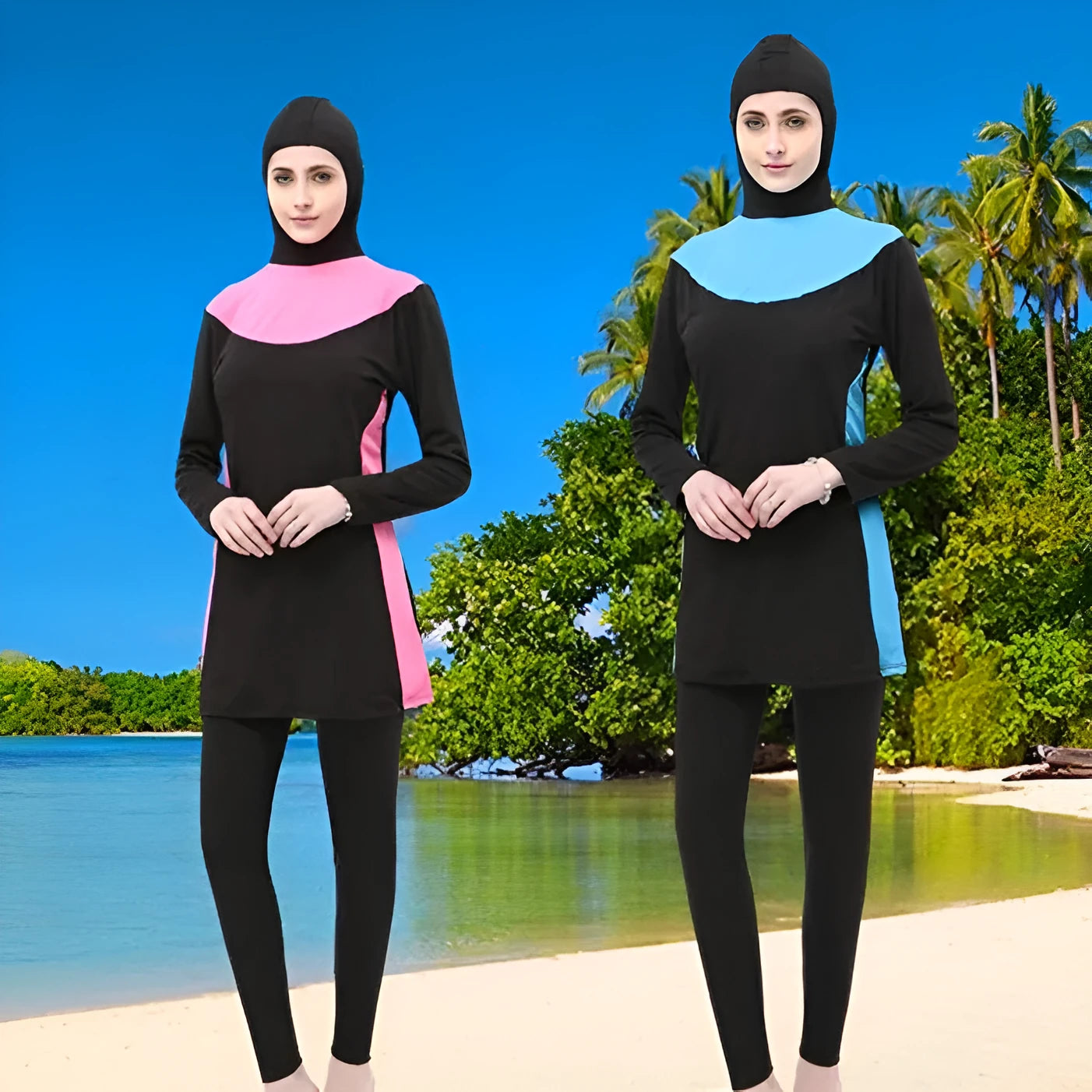 Conservative women's long sleeve swimsuit with hood in black and rose red, showing separate top and trousers.
