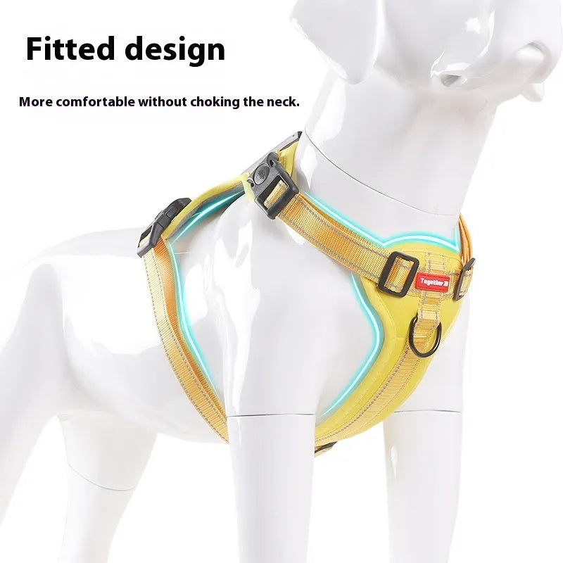 Polyester dog chest harness traction rope in red, shown in a medium size on a dog