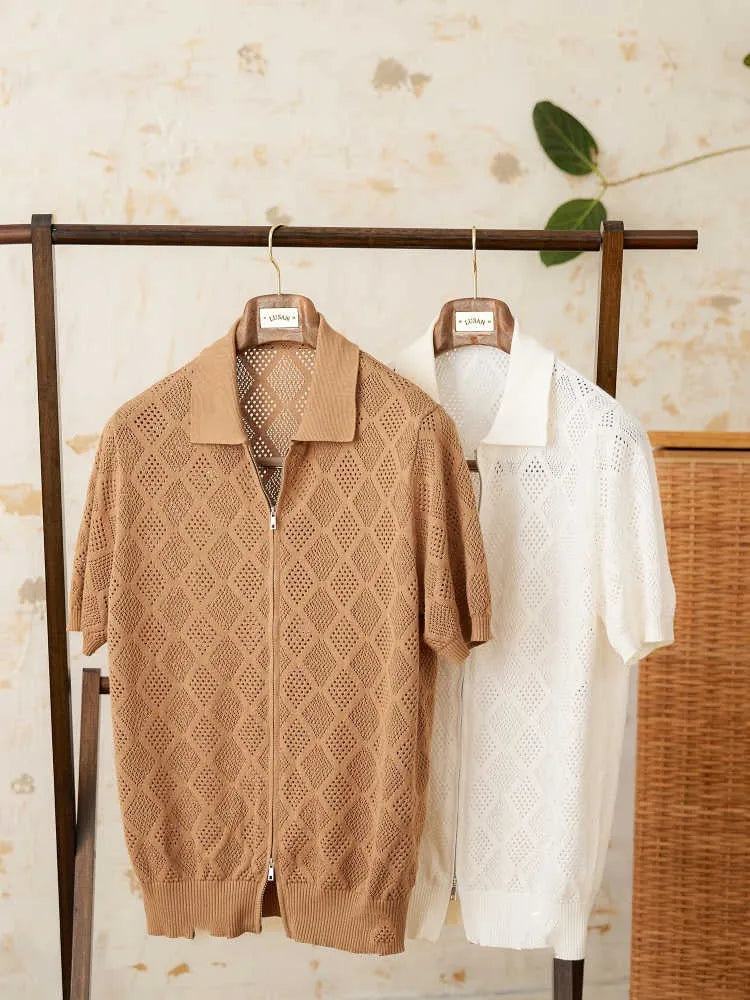 Cotton zipper cardigan top with lapel collar and short sleeves in light brown colour