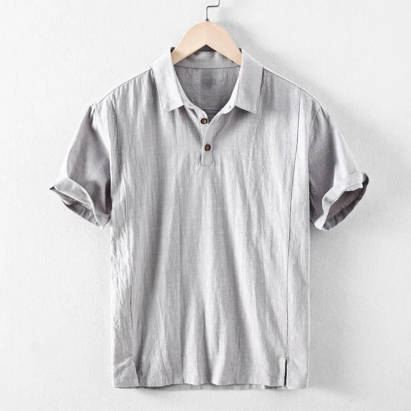 Men's solid colour loose fit casual shirt in cotton and linen blend, shown in light grey.