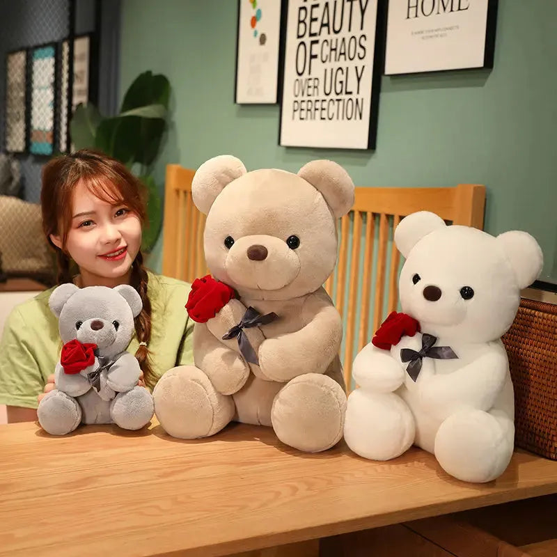 Plush teddy bear pillow in rose bear colours with cartoon design, shown in 25cm, 35cm and 45cm sizes