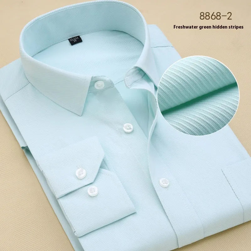 Men's black long sleeve business slim fit cotton shirt on a hanger