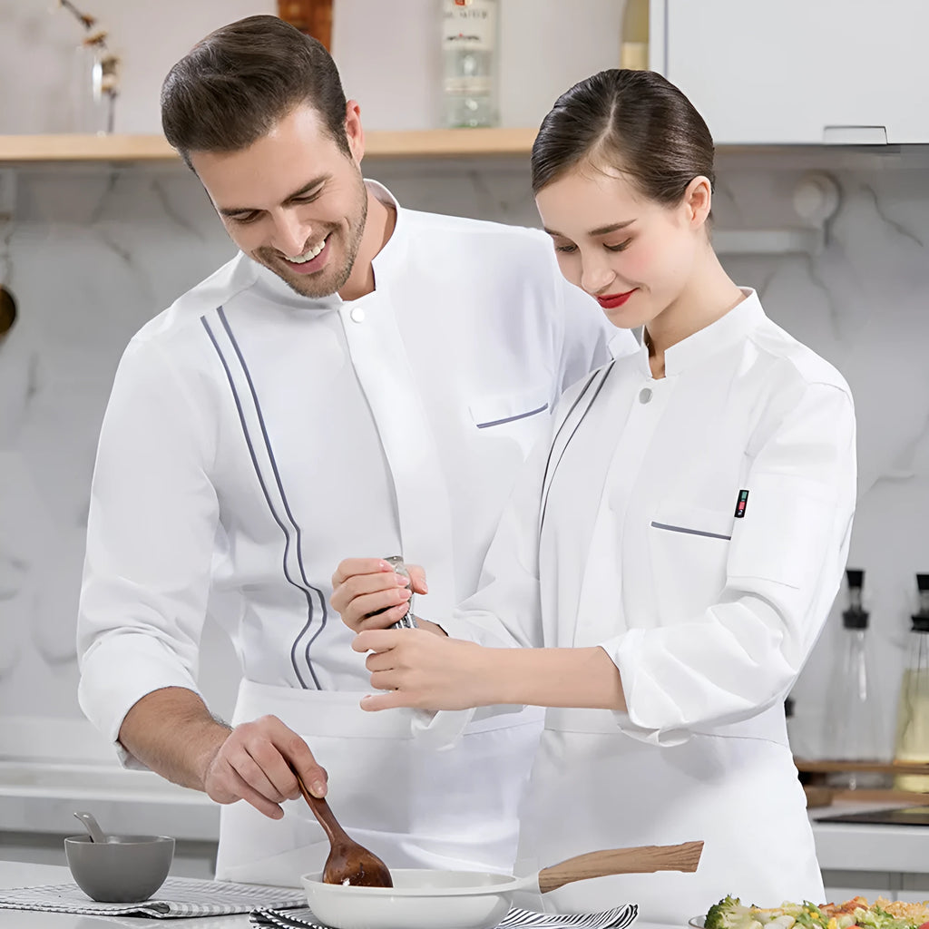 Cotton blend chef work top in solid colour for men, long sleeve, size M to 4XL
