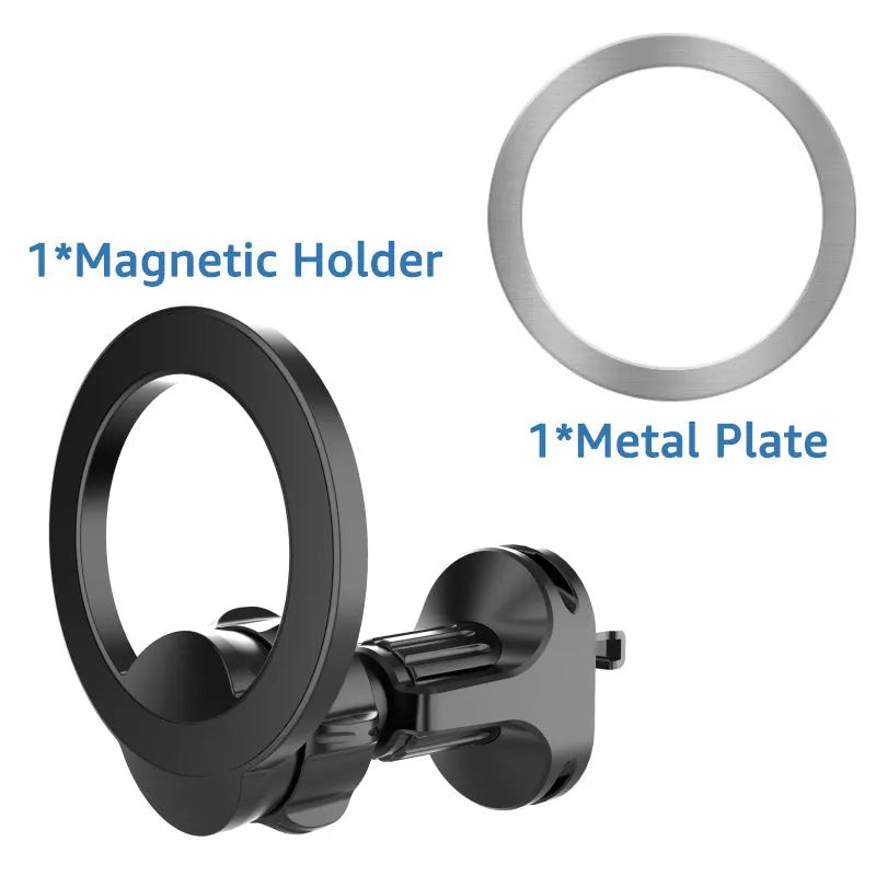 Black magnetic suction car air vent mobile phone holder on a vehicle dashboard.