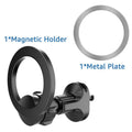 Black magnetic suction car air vent mobile phone holder on a vehicle dashboard.