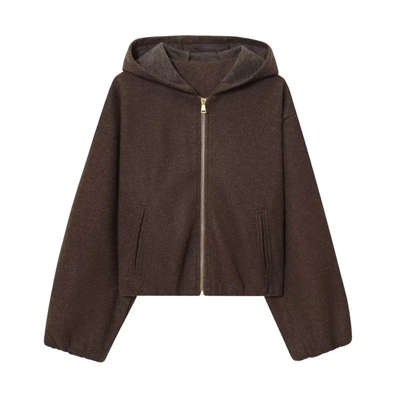 PU hooded jacket casual coat for women long sleeve zipper closure collage stitching