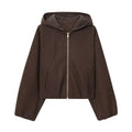 PU hooded jacket casual coat for women long sleeve zipper closure collage stitching