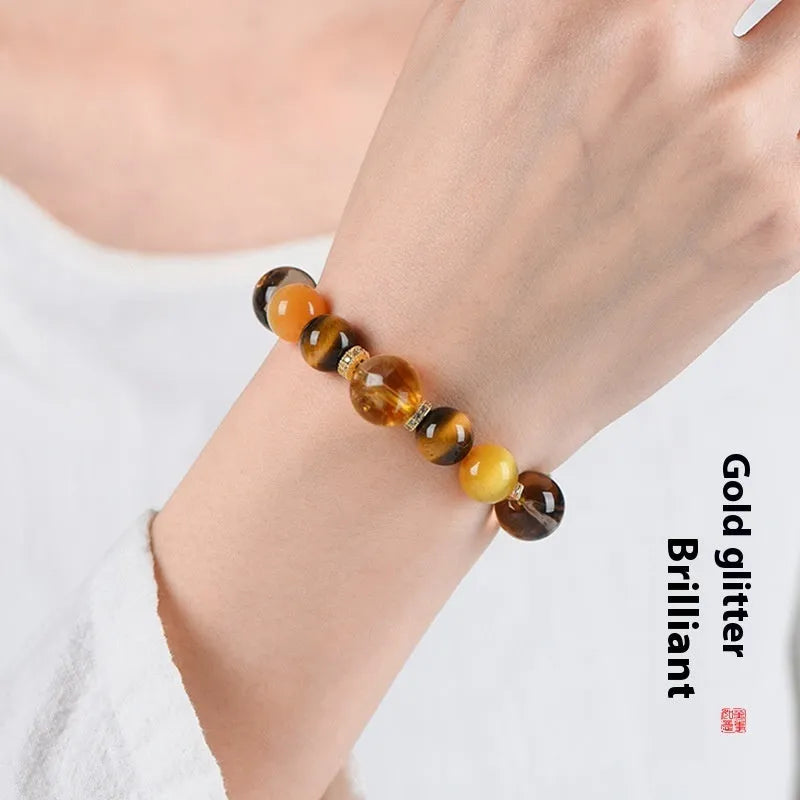 Women's natural yellow tower design crystal string beads bracelet with 10mm Jinba beads