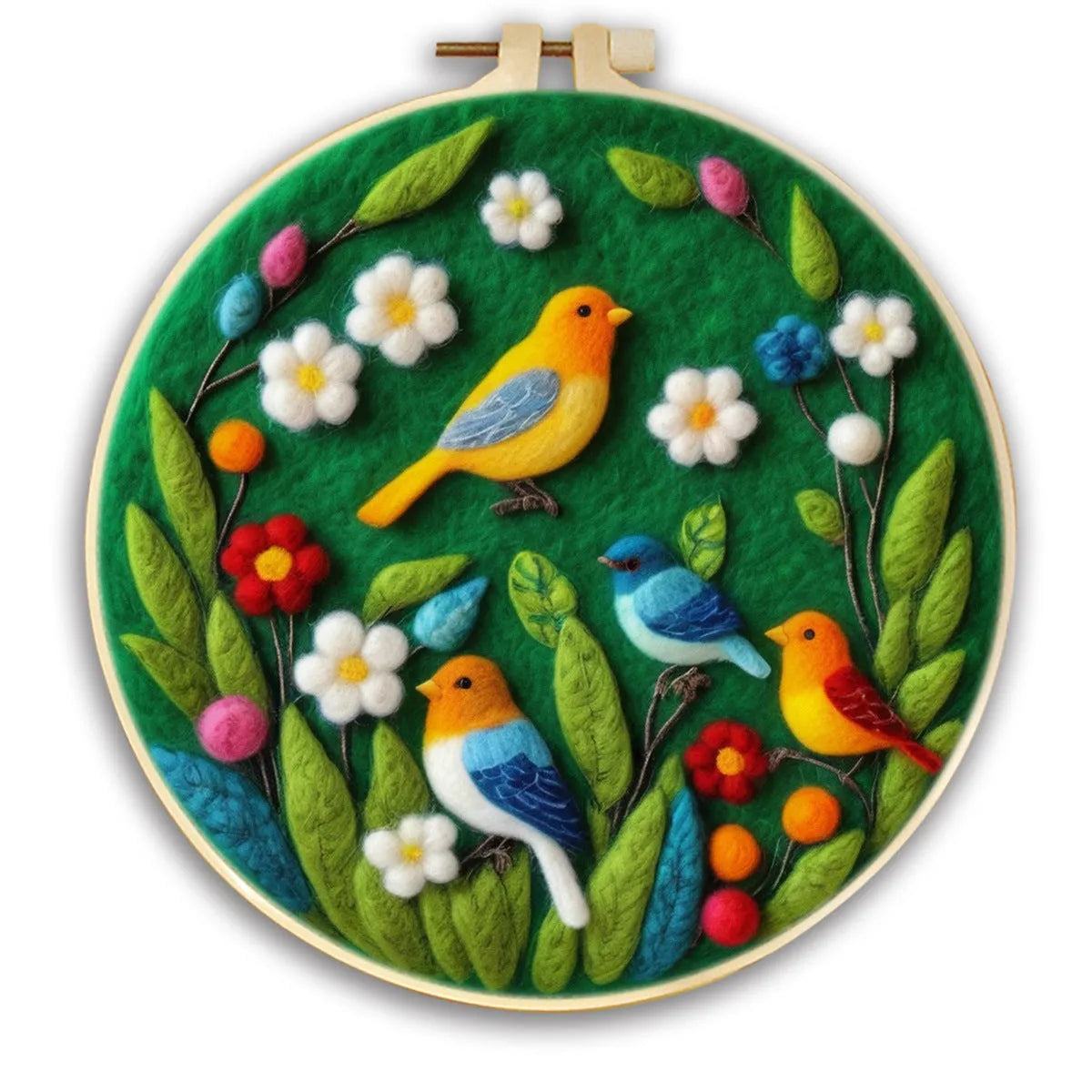 Round linen embroidery kit with wool felt materials for three-dimensional floral design