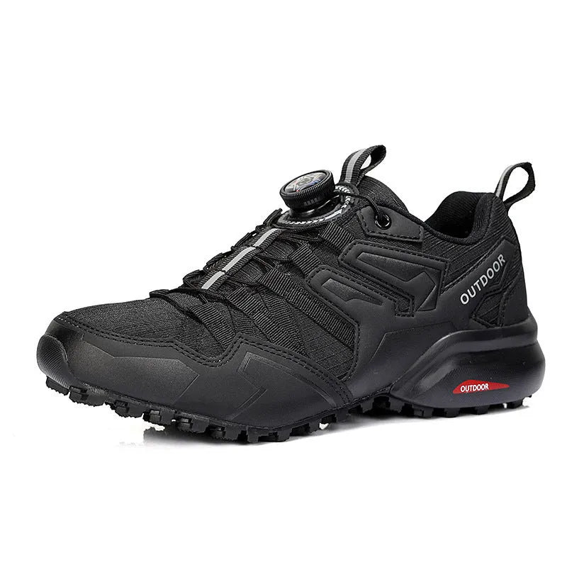 Men's beige hiking shoes with elastic band closure and rubber sole for outdoor activities