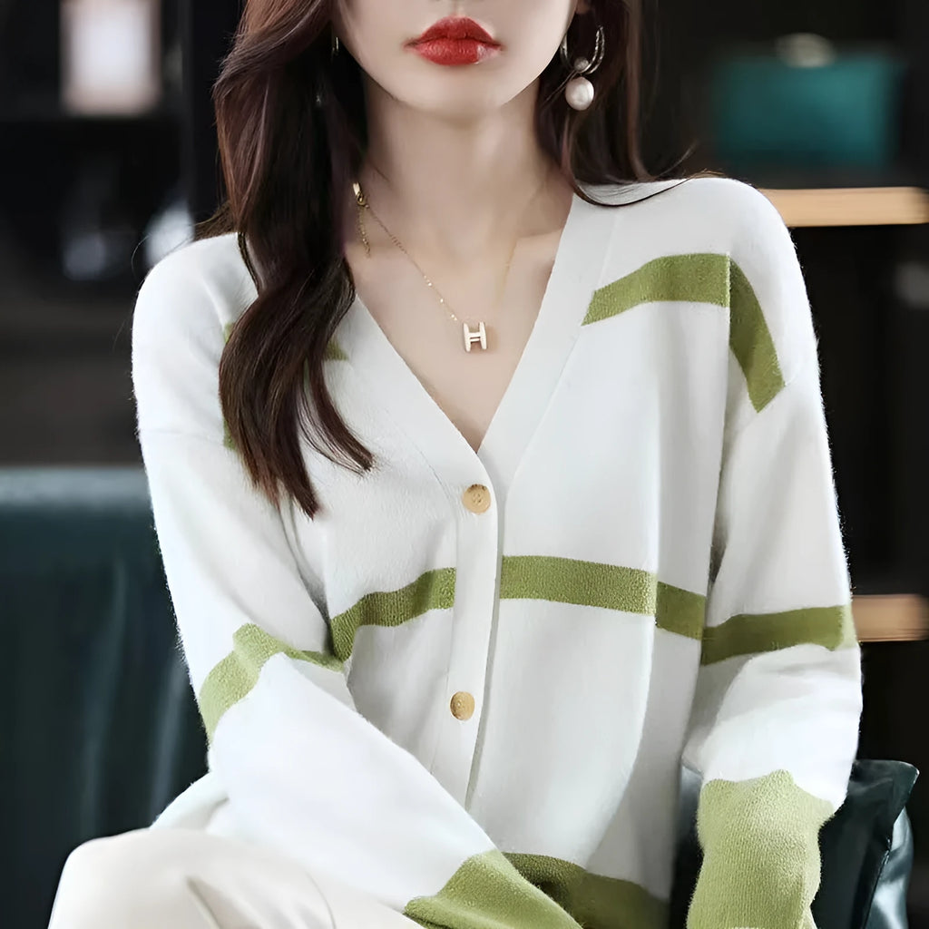 Women's striped V-neck button-up cardigan with a 3D knit pattern in a slim fit