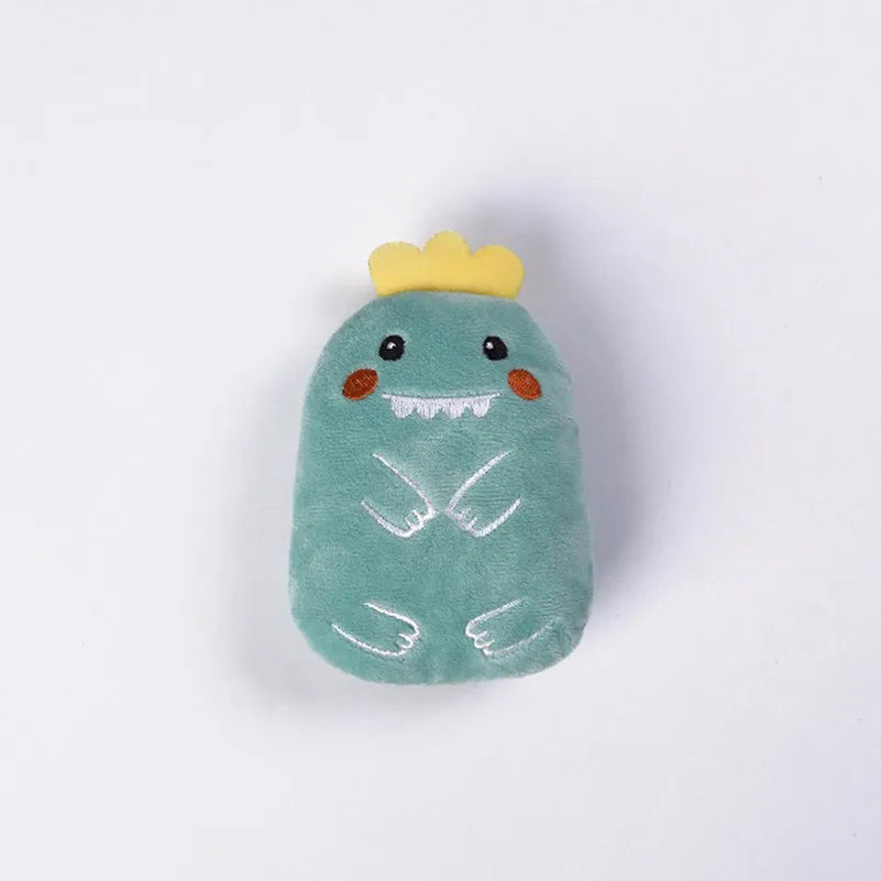 Small brown plush cat toy with catnip filling and squeaker for chewing and interactive play