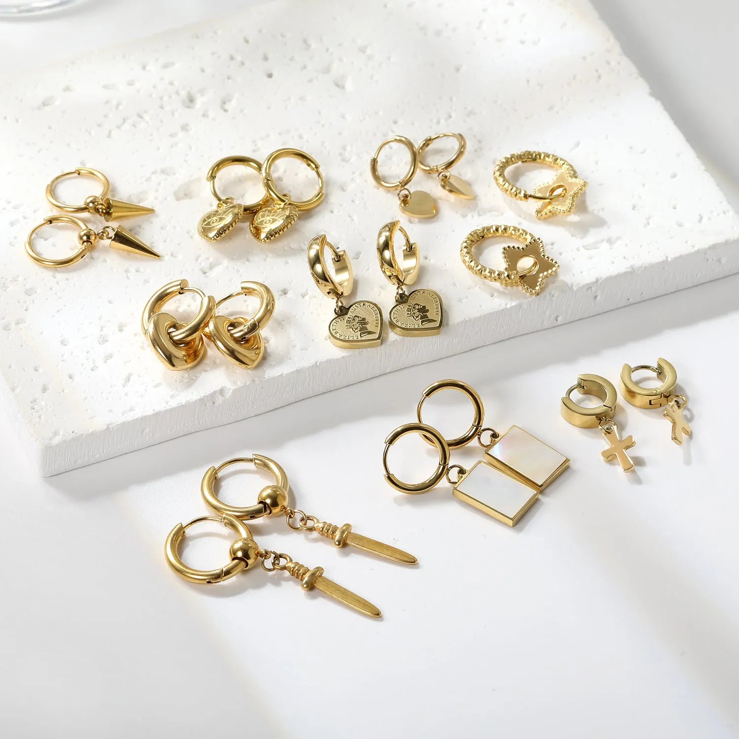Electroplated 18K gold stainless steel earrings with heart star and geometric shapes