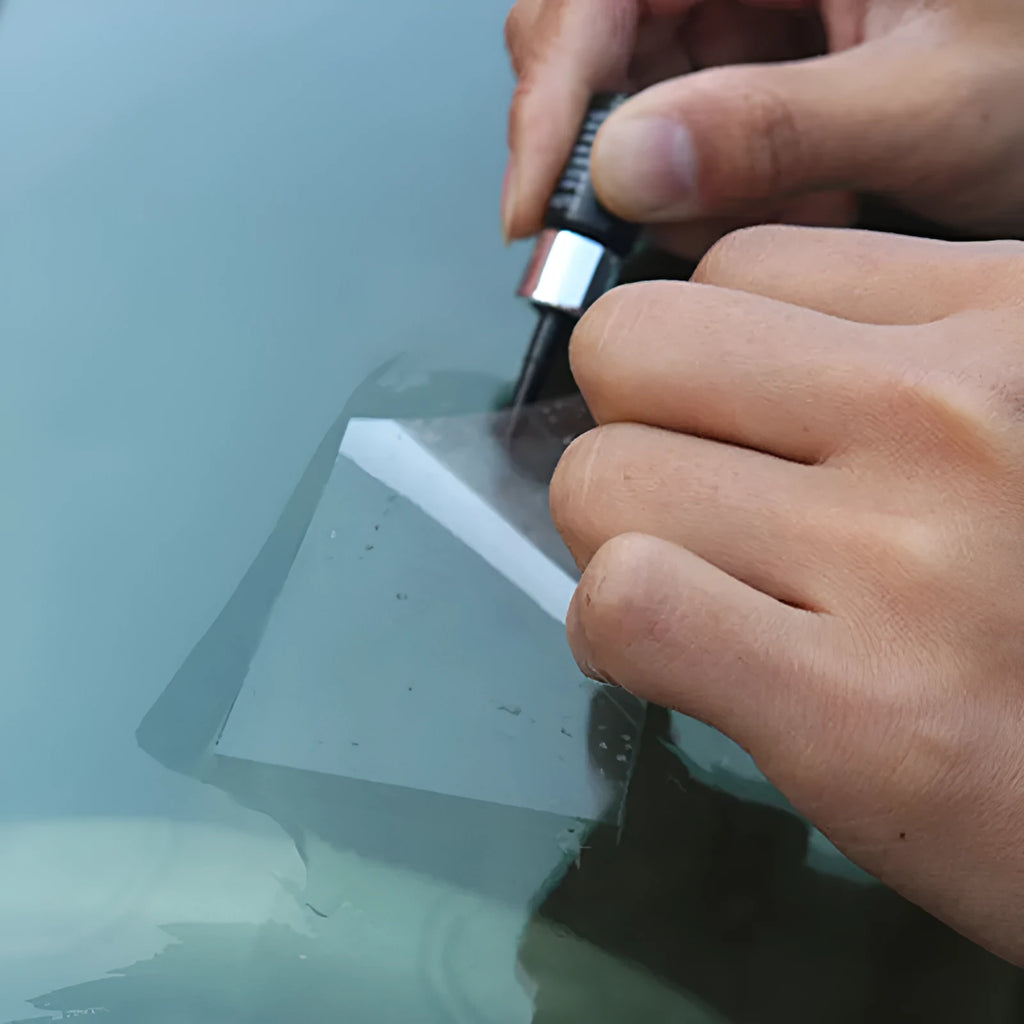 Yellow three-piece car windshield repair tool set for chip and crack repairs
